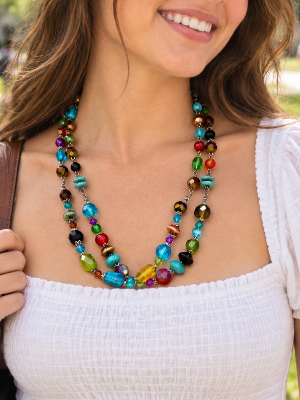 Boho Urban Colorful Mixed Faceted Beads w/ Ceramic Beads Multi Strand Necklace.